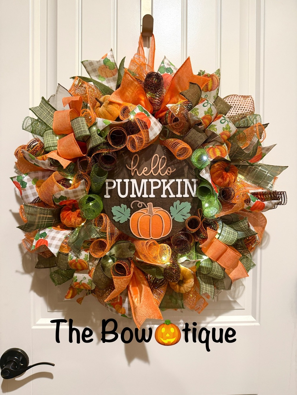 Handmade Hello Pumpkin Ribbon Welcome Door Wreath Fall Leaf 22 in LED W24